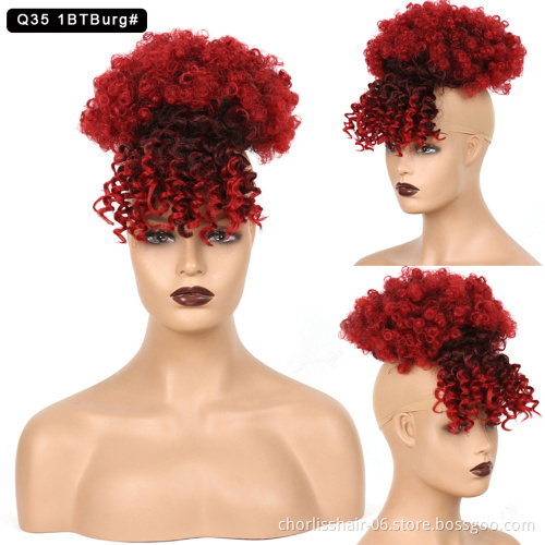 Hot Sale Ombre Chignon With Bangs Kinky Curly Bun Hairpieces Short Afro Fluffy Puff Synthetic Hair Extensions For Black Woman